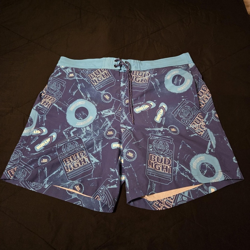 Bud Light Swim Shorts Mens XL Blue Beer Print Elastic Waist Lined Pockets Summer